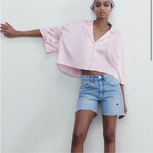 Zara pink satin effect crop top button up